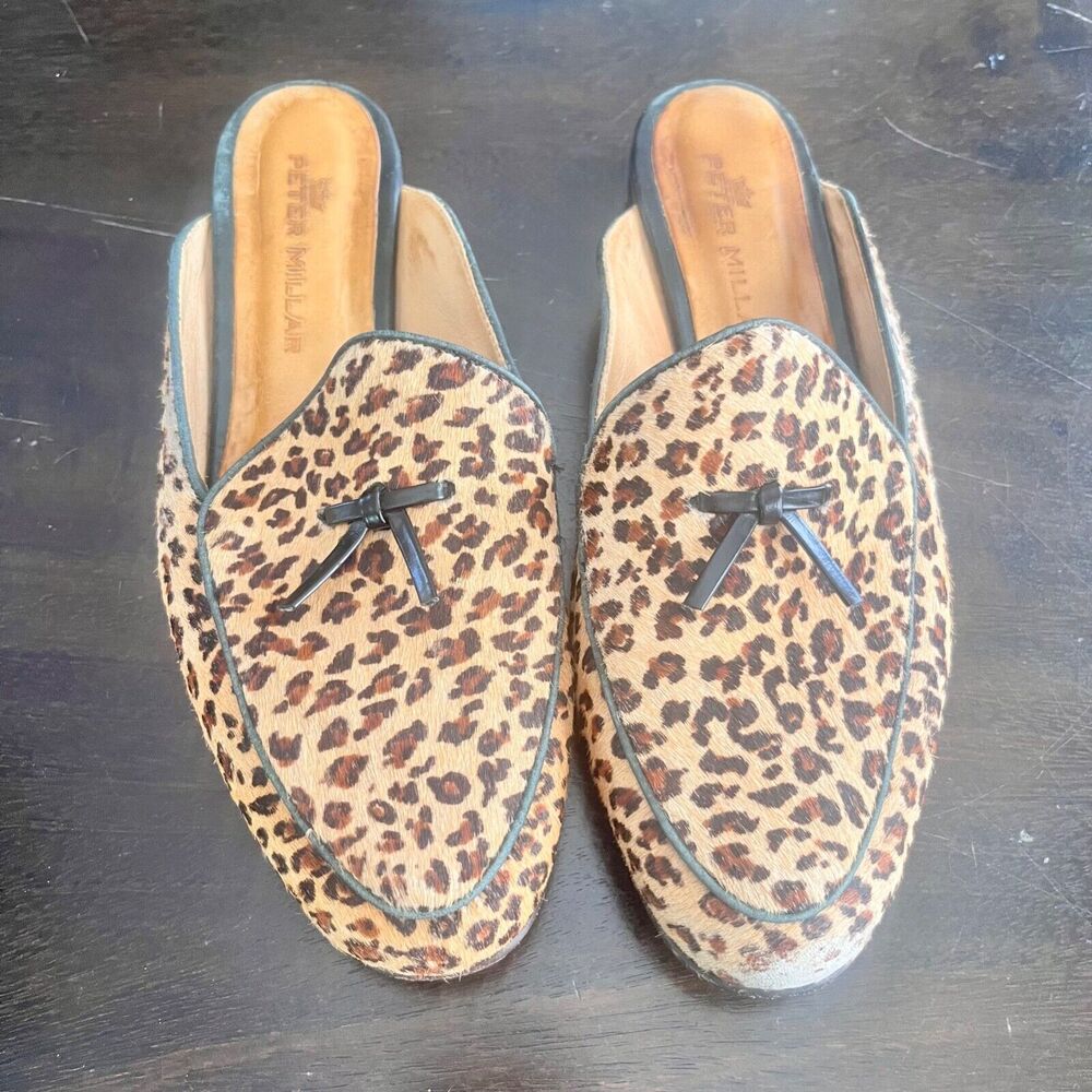 Peter Millar Leopard Calf Hair Slip On Slides Mules Flats Size 7.5 Bow Womens - Picture 2 of 7